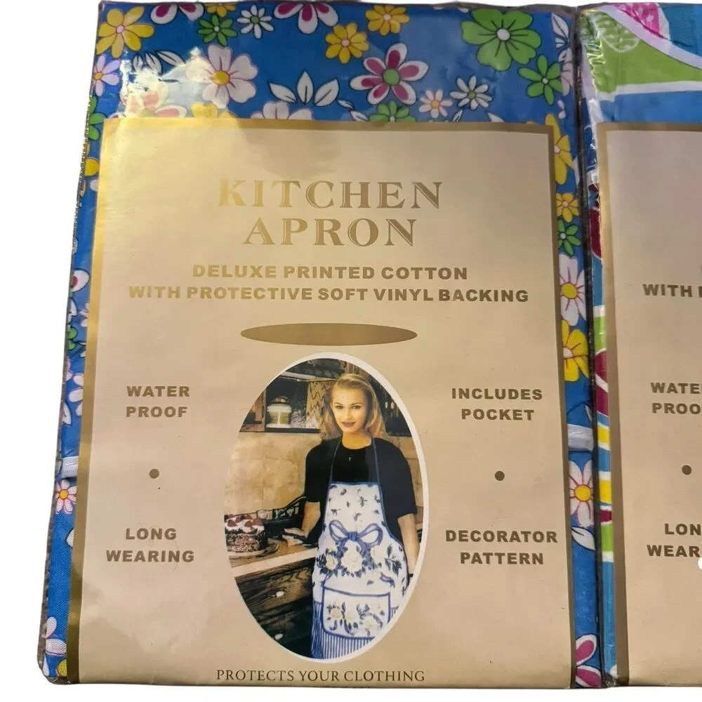 Vtg‎ NOS Kitchen Aprons Set Of 2 Floral 80s 90s 26x33 Cotton With Vinyl Backing